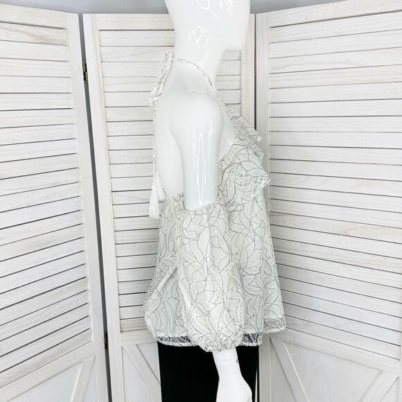 Beau Tissu Lace Cold Shoulder Puff Sleeve Halter Blouse White Black Small - Picture 3 of 13